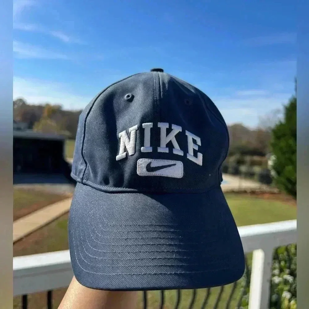 Vintage Nike Embroidered Navy Blue Adjustable Hat Spell Out Swoosh